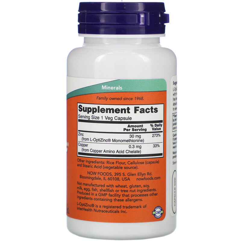 Now Foods, L-OptiZinc | Zinc & Copper, 30 mg, 100 Veg Capsules - Ultimate Sup Singapore