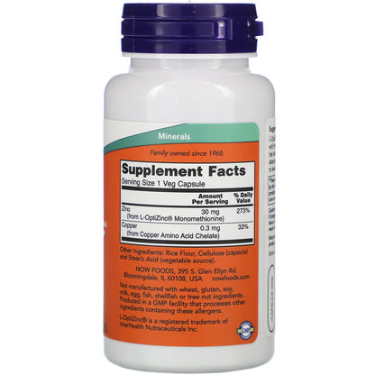 Now Foods, L-OptiZinc | Zinc & Copper, 30 mg, 100 Veg Capsules - Ultimate Sup Singapore