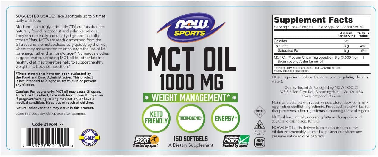 Now Foods, Sports, MCT Oil helps Weight Loss & Fat Burner from Coconut Oil 1000 mg, 150 Softgels - Ultimate Sup Singapore
