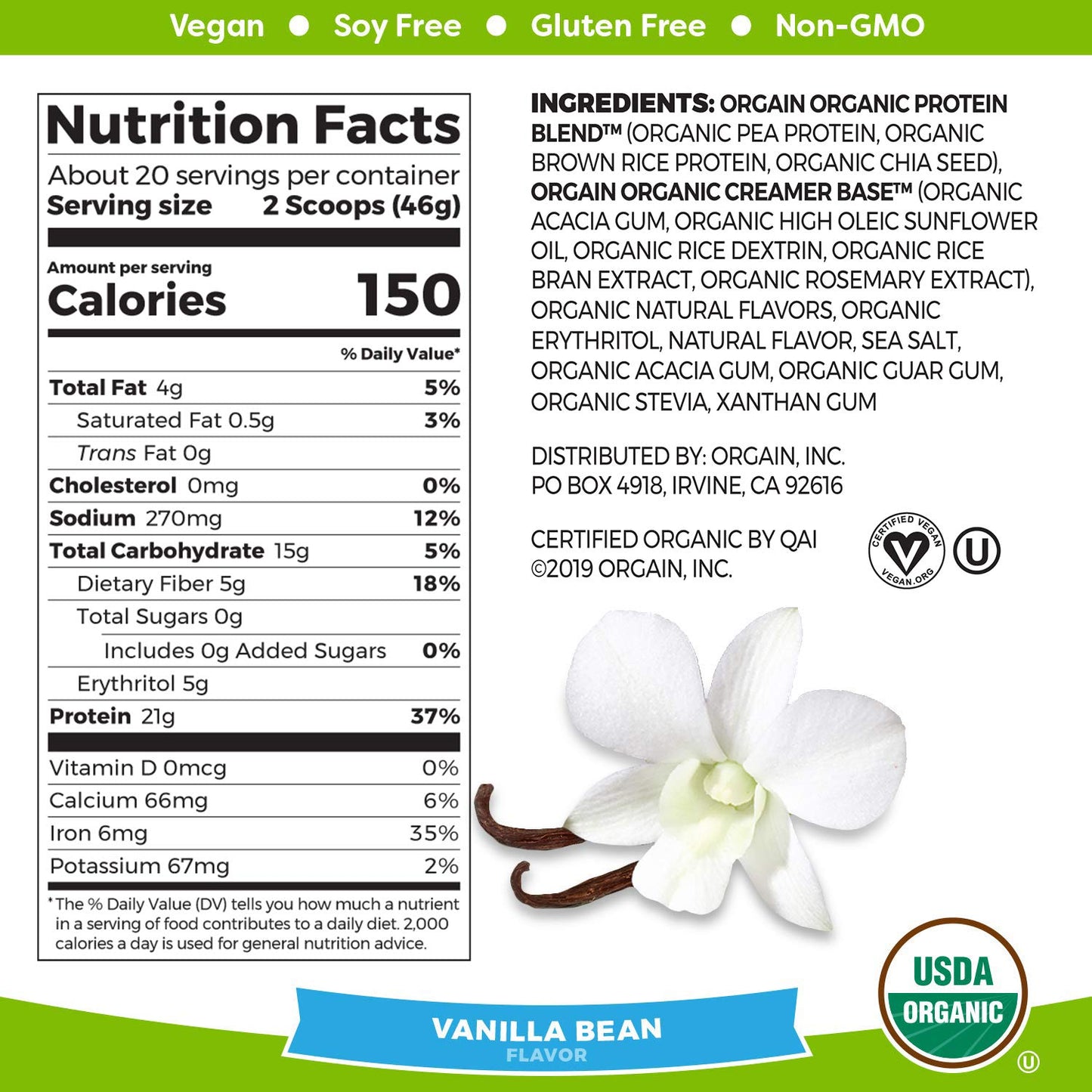 Orgain Organic Plant Based Protein Powder, Vanilla Bean - Vegan, Low Net Carbs, Non Dairy, Gluten Free, Lactose Free, No Sugar Added, Soy Free, Kosher, Non-GMO, 1.02 - 2.03lbs, 10-20 servings - Ultimate Sup Singapore