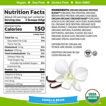 Orgain Organic Plant Based Protein Powder, Vanilla Bean - Vegan, Low Net Carbs, Non Dairy, Gluten Free, Lactose Free, No Sugar Added, Soy Free, Kosher, Non-GMO, 1.02 - 2.03lbs, 10-20 servings - Ultimate Sup Singapore