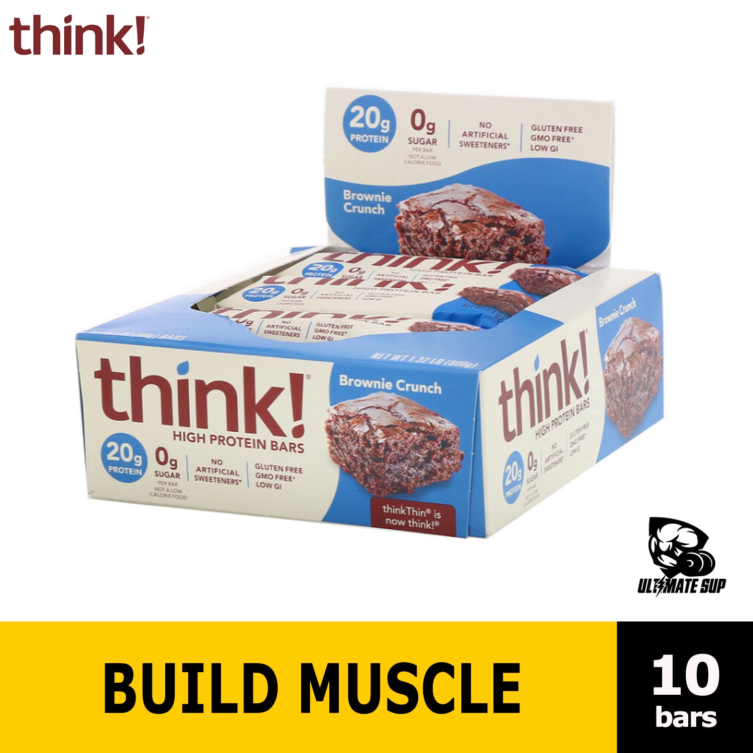 Think!, High Protein Bars, Brownie Crunch, 10 Bars, 2.1 oz Each - Ultimate Sup Singapore