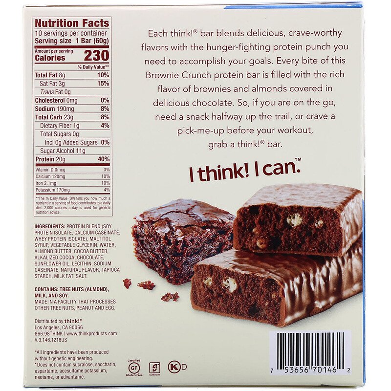 Think!, High Protein Bars, Brownie Crunch, 10 Bars, 2.1 oz Each - Ultimate Sup Singapore