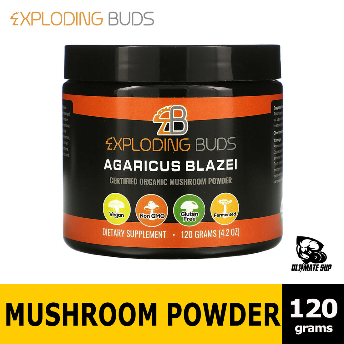 Exploding Buds Agaricus Blazei, Certified Organic Mushroom Powder w Beta Glucans, prebiotics, digestive enzymes 120 g - Ultimate Sup Singapore