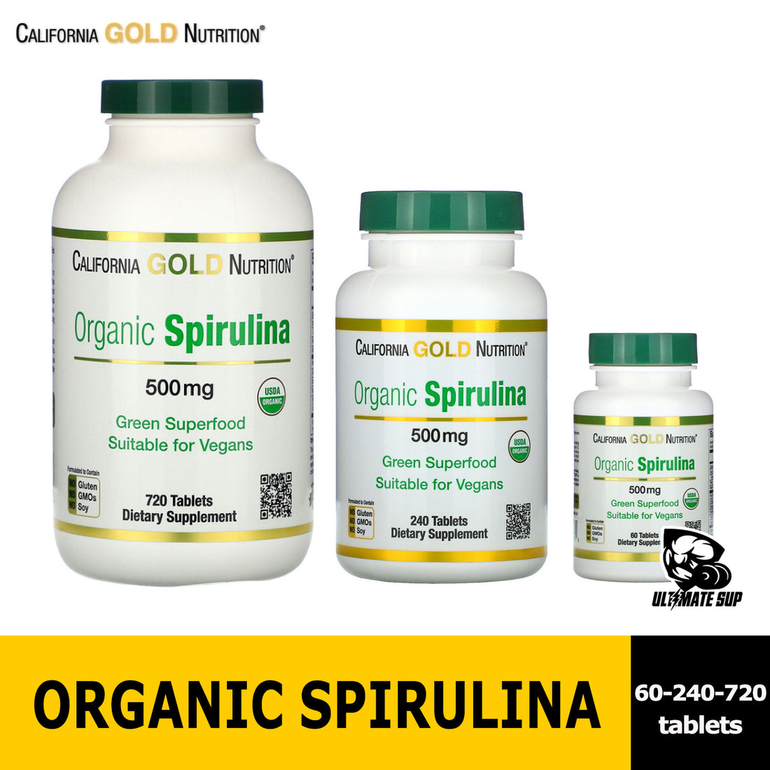 California Gold Nutrition, Green Superfood, Organic Spirulina, USDA Certified, 500 mg, 60-240-720 Tablets - Ultimate Sup Singapore