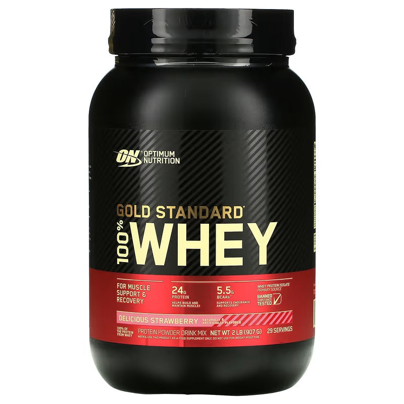 Optimum Nutrition, Gold Standard, 100% Whey, Protein Powder, 1lb (454g) / 2lbs (907g) / 5 lbs (2.27 kg) / 10lbs (4.54kg), delicious strawberry