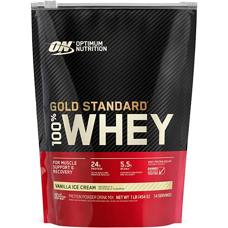 Optimum Nutrition, Gold Standard, 100% Whey, Protein Powder, 1lb (454g) / 2lbs (907g) / 5 lbs (2.27 kg) / 10lbs (4.54kg), vanilla ice cream 1lb