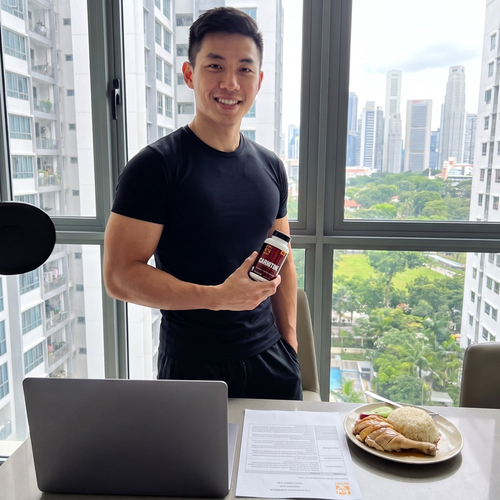 Man holding a bottle of Mutant L-Carnitine at home during his everyday routine